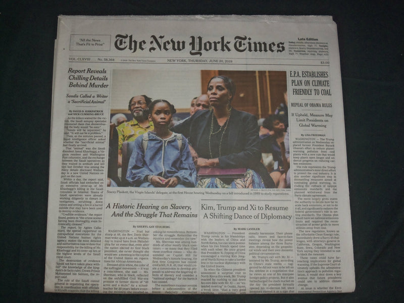 2019 JUNE 20 NEW YORK TIMES - HISTORIC HEARING ON SLAVERY REPARATIONS
