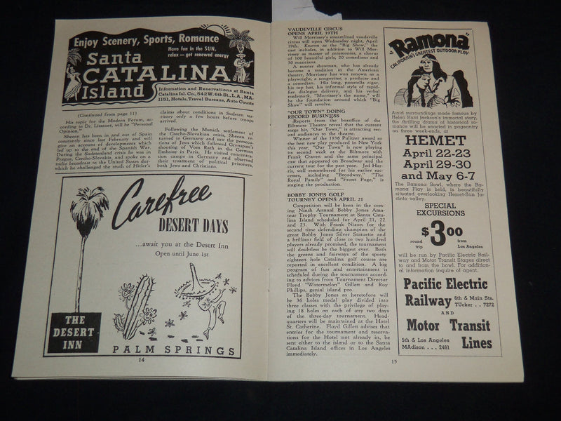 1939 APRIL 15 THE LOS ANGELES DAILY DOINGS PROGRAM - LAWRY'S PRIME RIB - J 8713