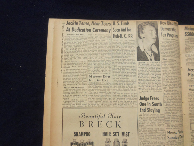 1965 MAY 15 BOSTON RECORD AMERICAN NEWSPAPER - JACKIE KENNEDY'S THANKS- NP 6291