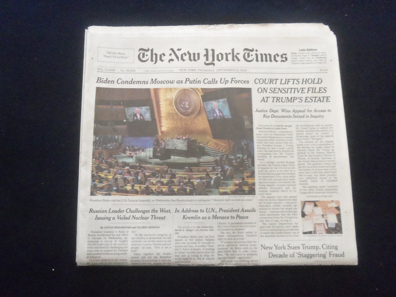 2022 SEP 22 NEW YORK TIMES-COURT LIFTS HOLD ON SENSITIVE FILES AT TRUMP'S ESTATE