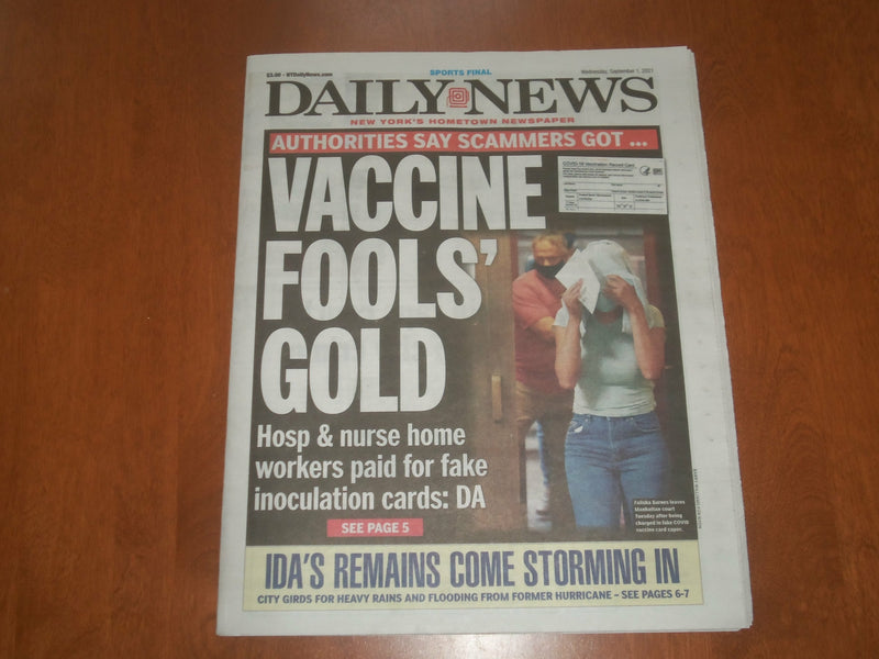 2021 SEPTEMBER 1 NEW YORK DAILY NEWS NEWSPAPER - PAID FOR FAKE VACCINATION CARDS