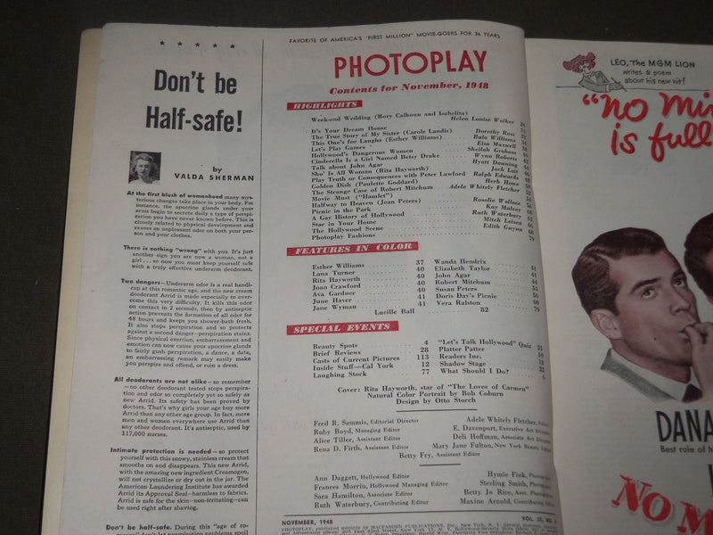 1948 NOVEMBER PHOTOPLAY MOVIE MAGAZINE - RITA HAYWORTH COVER - NICE ADS - M 129