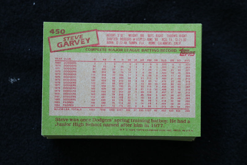 STEVE GARVEY 1985 TOPPS BASEBALL CARDS - CARD #450 - NM-MT - LOT OF 55 - #45