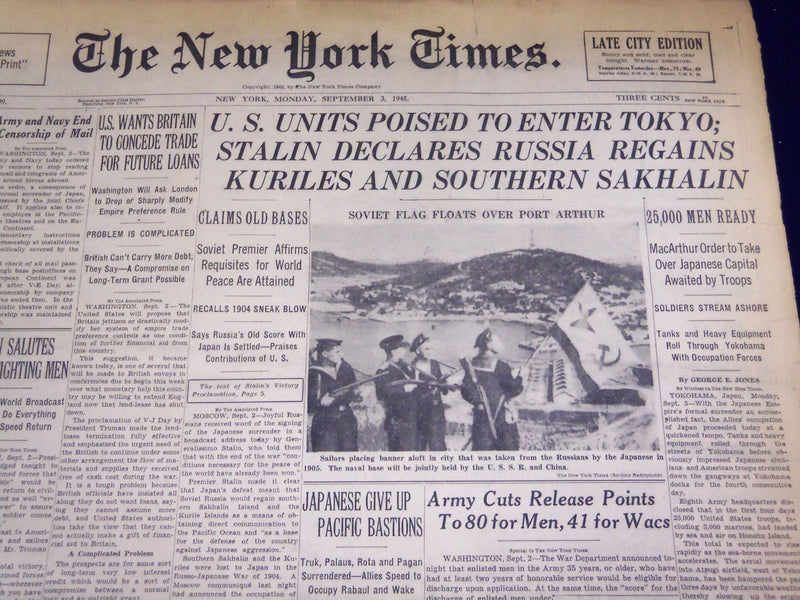 1945 SEPTEMBER 3 NEW YORK TIMES - U. S. UNITS POISED TO ENTER TOKYO - NT 536