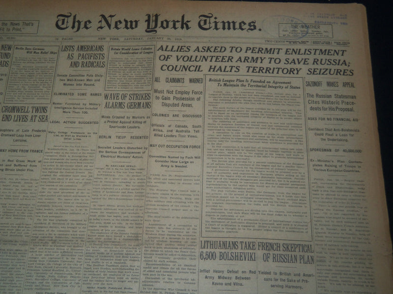 1919 JAN 25 NEW YORK TIMES NEWSPAPER - COUNCIL HALTS TERRITORY SEIZURES- NT 7518