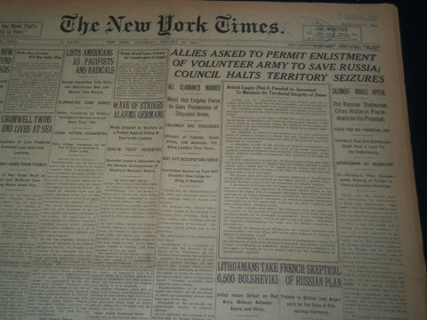 1919 JAN 25 NEW YORK TIMES NEWSPAPER - COUNCIL HALTS TERRITORY SEIZURES- NT 7518