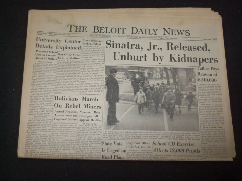 1963 DEC 11 BELOIT DAILY NEWS NEWSPAPER - SINATRA JR. RELEASED, UNHURT - NP 8055