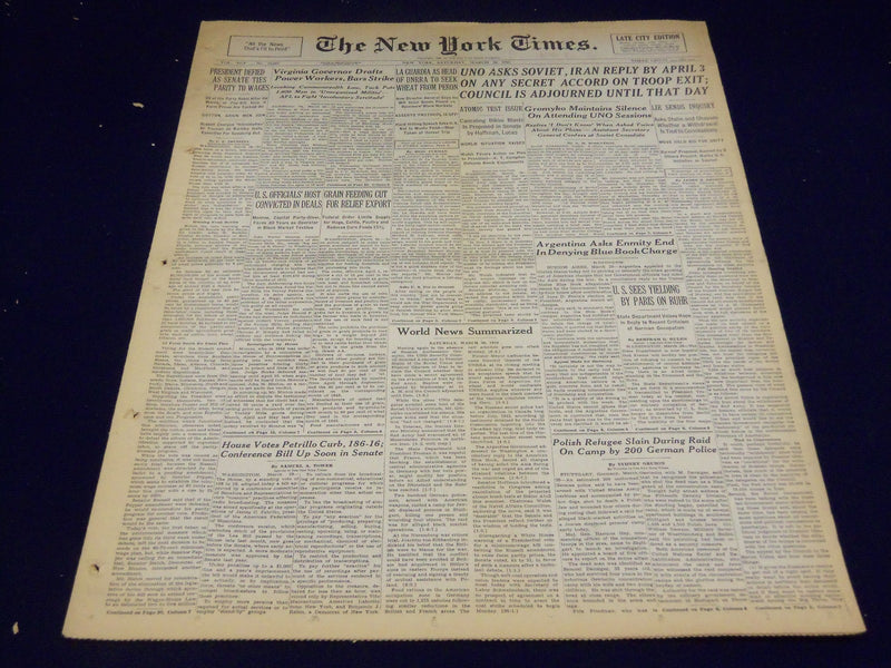 1946 MARCH 30 NEW YORK TIMES - UNO ASKS SOVIET, IRAN REPLY BY APRIL 13 - NT 2257