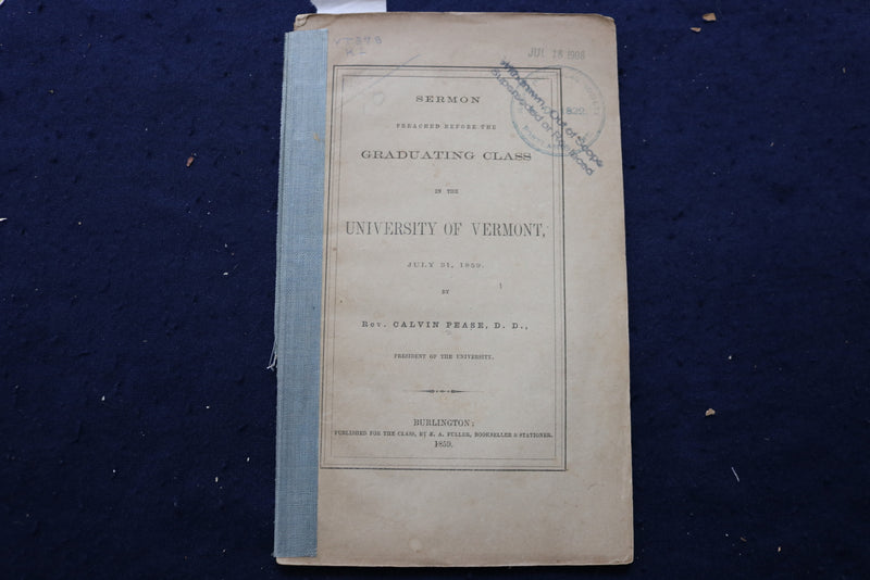 1859 UNIVERSITY OF VERMONT GRADUATING CLASS SERMON SOFTCOVER BOOK - K 845