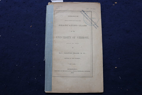 1859 UNIVERSITY OF VERMONT GRADUATING CLASS SERMON SOFTCOVER BOOK - K 845