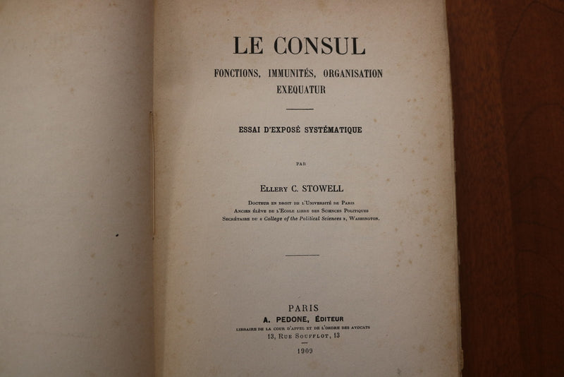 1909 LE CONSUL ESSAI D'EXPOSE SYSTEMATIQUE - INSCRIRED - SOFTCOVER BOOK - K 3191