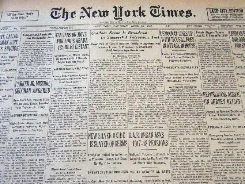 1936 AUGUST 25 NEW YORK TIMES - OUTDOOR SCENE IS BROADCAST IN TV TEST - NT 6716