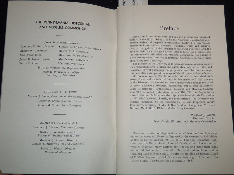 1976 PENNSYLVANIA DIRECTORY OF HISTORICAL ORGANIZATIONS - BROW - MILLER - J 8961