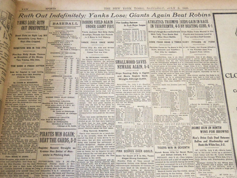 1926 JULY 3 NEW YORK TIMES - YANKS LOSE RUTH OUT INDEFINITELY - NT 5566