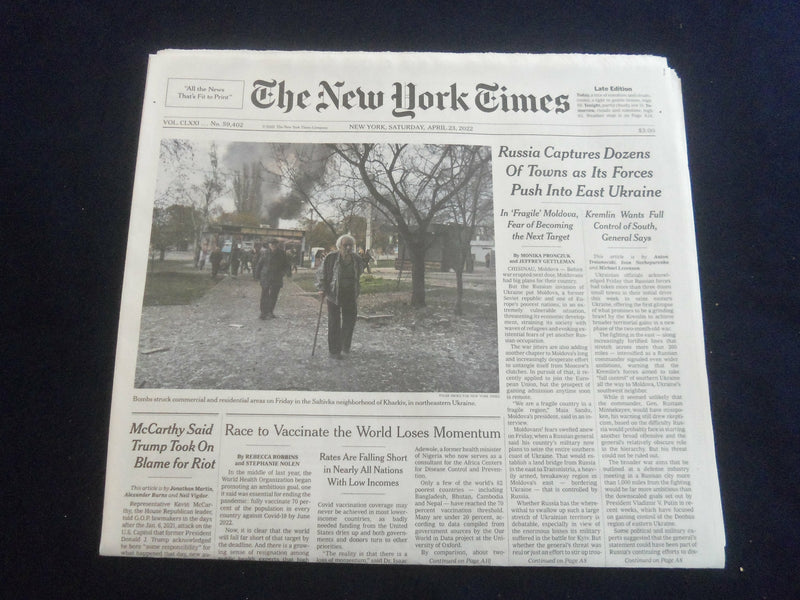 2022 APRIL 23 NEW YORK TIMES - RUSSIA CAPTURES DOZENS OF TOWNS, PUSHES EAST
