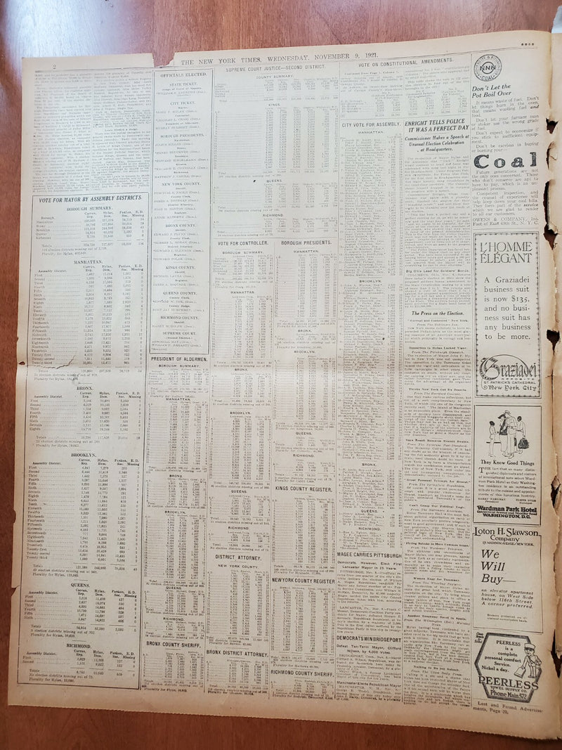 1921 NOVEMBER 9 NEW YORK TIMES NEWSPAPER - MAYOR HYLAN IS RE-ELECTED - NT 8020