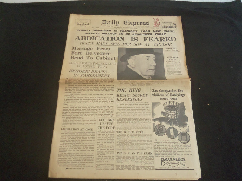 1936 DEC 10 DAILY EXPRESS NEWSPAPER - LONDON - ABDICATION IS FEARED - NP 5755