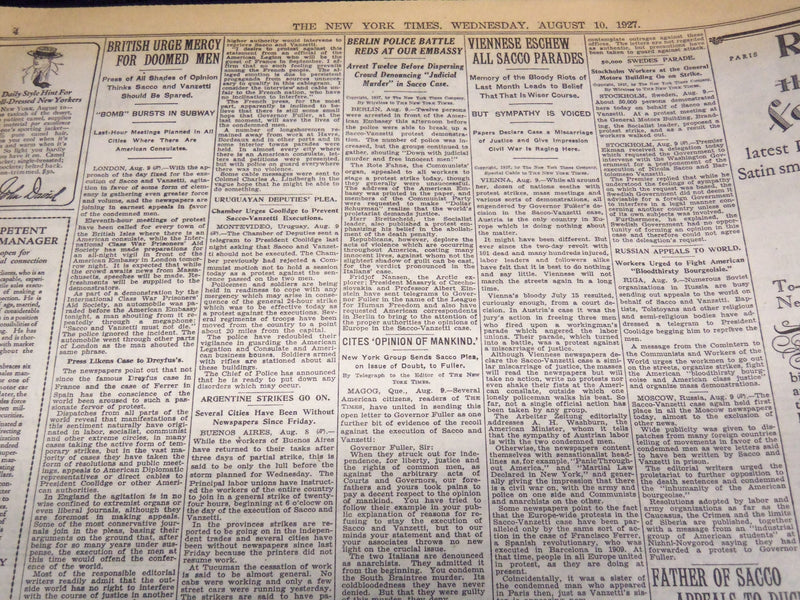 1927 AUG 10 NEW YORK TIMES - JUDGE REJECTS SACCO PLEA -FULLER CONSIDERS- NT 9560