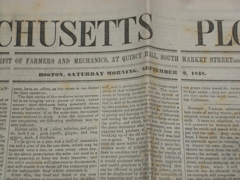 1848 SEPTEMBER 2 MASSACHUSETTS PLOUGHMAN NEWSPAPER - JOHN G. SAXE - NP 5154