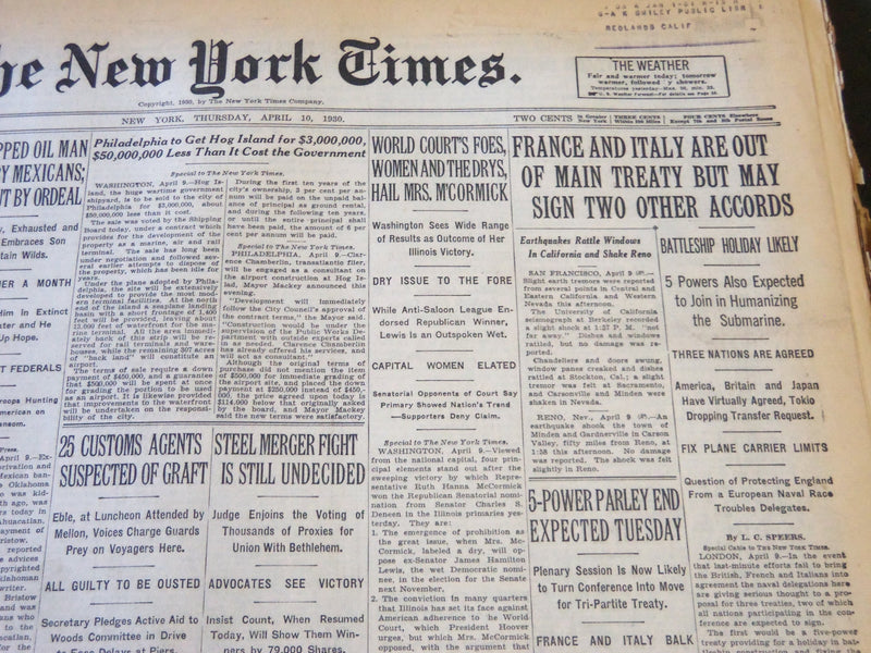 1930 APRIL 10 NEW YORK TIMES - FRANCE AND ITALY ARE OUT OF MAIN TREATY - NT 5657