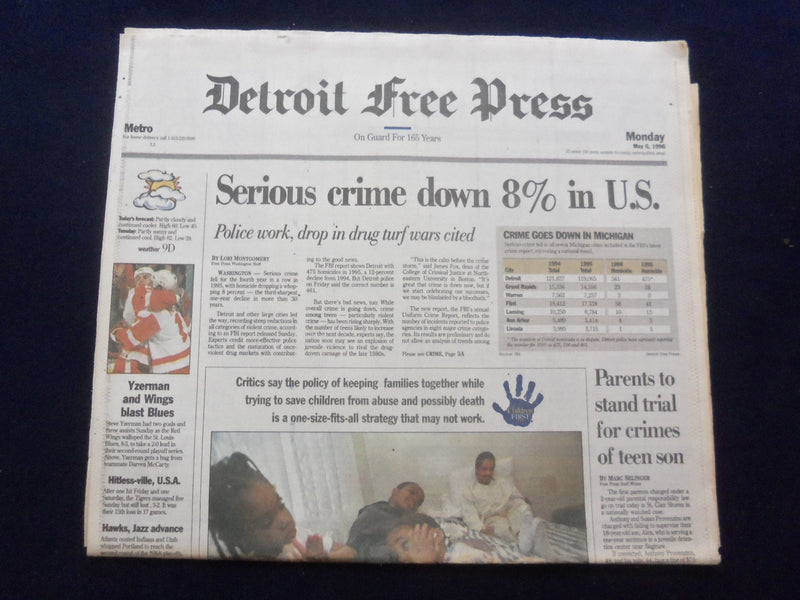 1996 MAY 6 DETROIT FREE PRESS NEWSPAPER -SERIOUS CRIME DOWN 8% IN U.S. - NP 7276