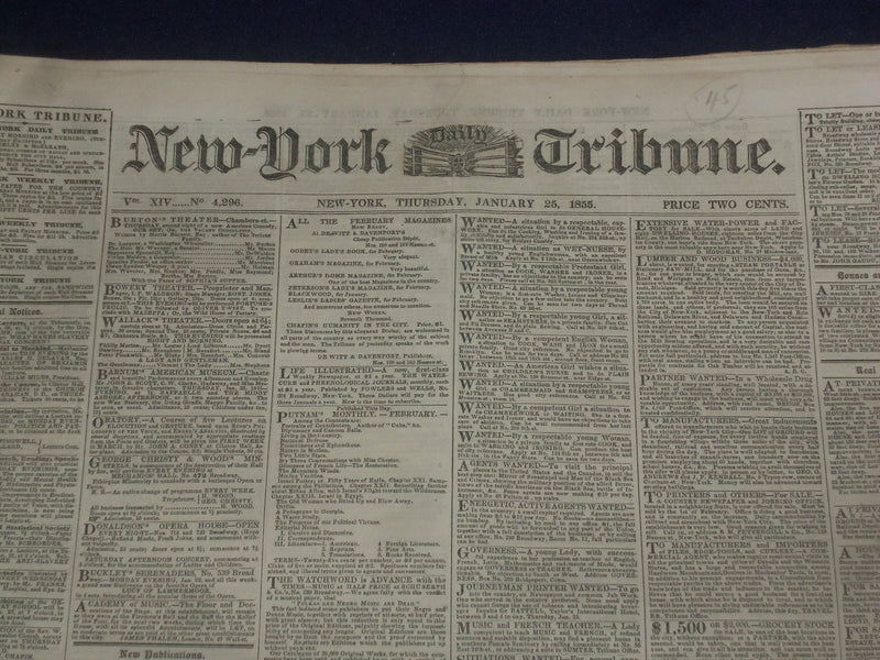 1855 JANUARY 25 NEW YORK TRIBUNE NEWSPAPER - MAUD MULLER BY WHITTIER - NP 5039