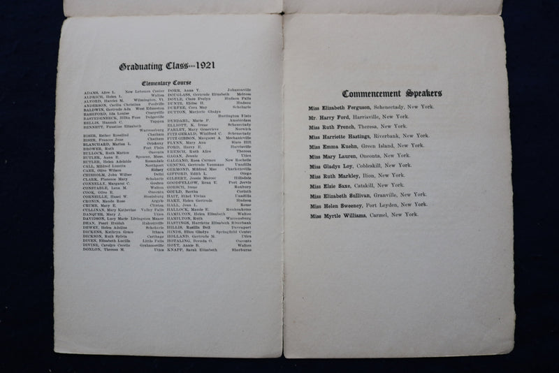 1921 STATE NORMAL SCHOOL COMMENCEMENT SOFTCOVER BOOKLET - ONEONTA, NY - K 923