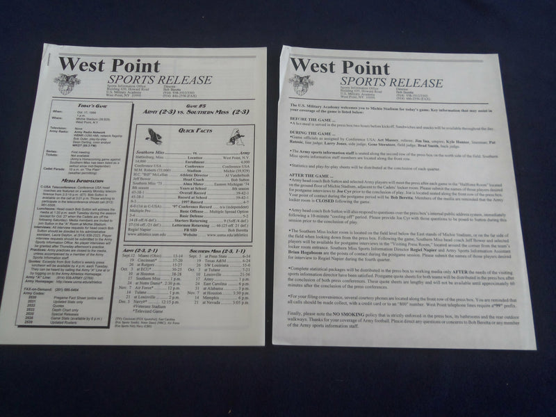 1998 OCTOBER 17 SOUTHERN MISSISSIPPI AT ARMY FOOTBALL GAME PRESS KIT - ST 4628E
