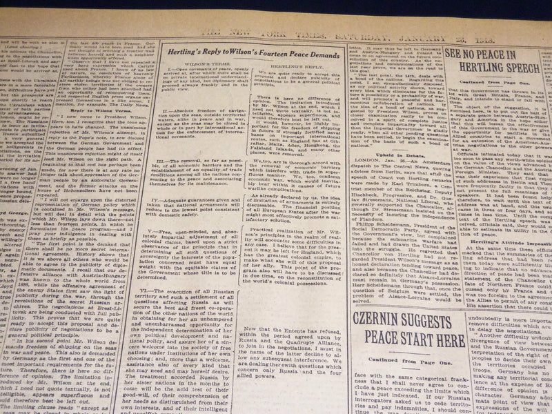 1918 JANUARY 26 NEW YORK TIMES - HERTLING REJECTS WILSON PEACE AIMS - NT 7936