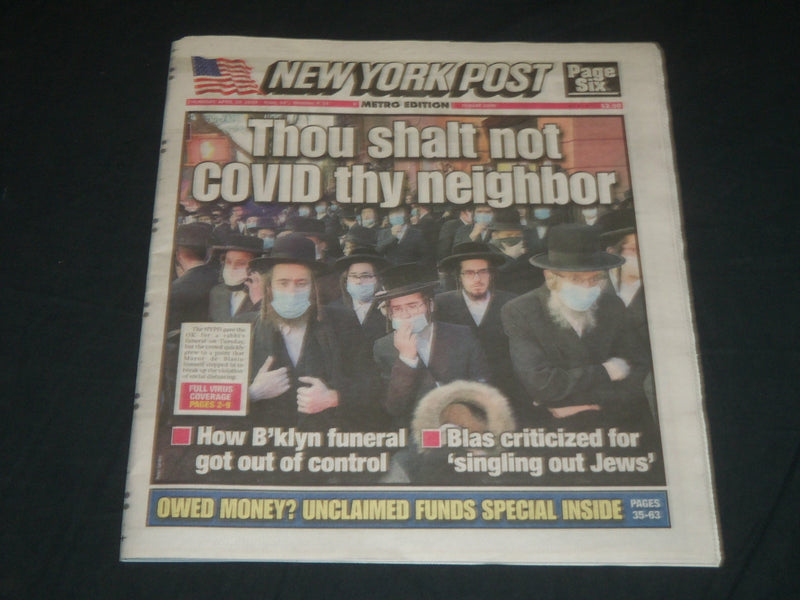 2020 APRIL 30 NEW YORK POST NEWSPAPER - BLAS CRITICIZED FOR SINGLING OUT JEWS