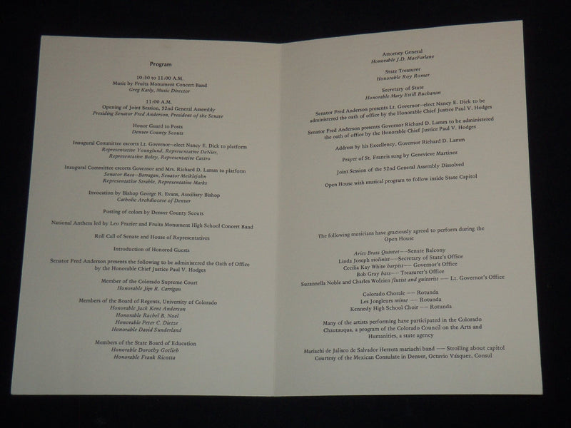 1979 JANUARY 9 INAUGURAL CEREMONY PROGRAM - RICHARD LAMM - J 9512