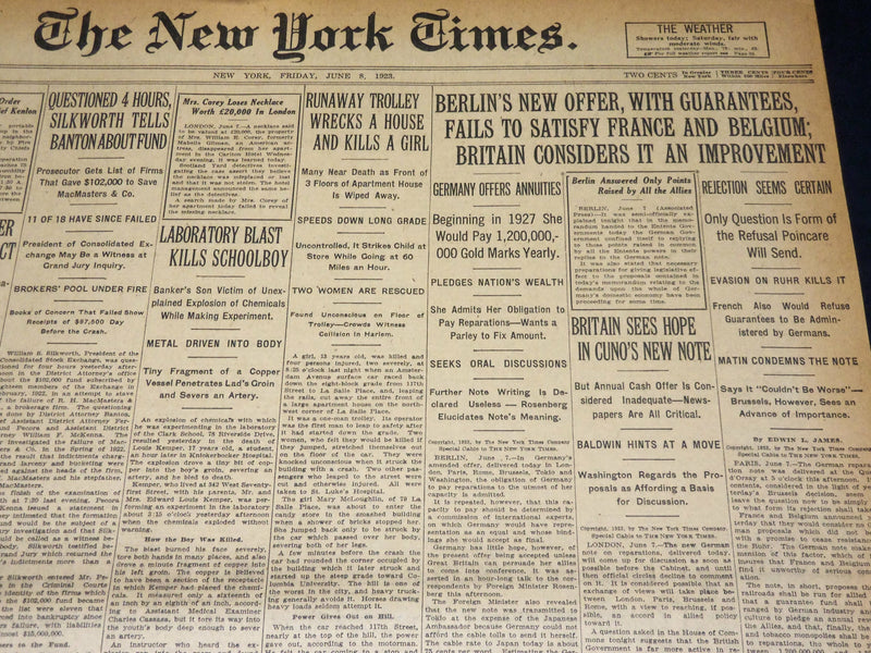 1923 JUNE 8 NEW YORK TIMES - RUNAWAY TROLLEY WRECKS HOUSE KILLS GIRL - NT 8660