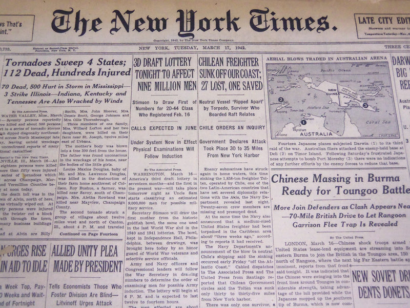 1942 MARCH 17 NEW YORK TIMES - 3D DRAFT LOTTERY TO AFFECT 9 MILLION MEN-NT 1178