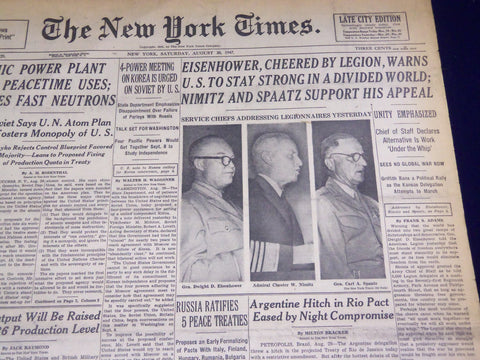 1947 AUG 30 NEW YORK TIMES - EISENHOWER CHEERED, NIMITZ & SPAATZ - NT 1421