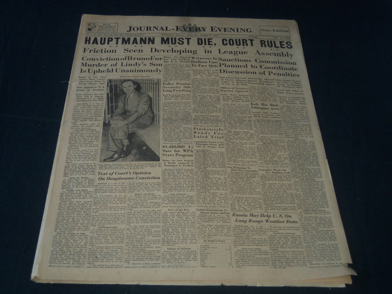 1935 OCT 9 WILMINGTON JOURNAL NEWSPAPER HAUPTMANN MUST DIE COURT RULES - NT 7233
