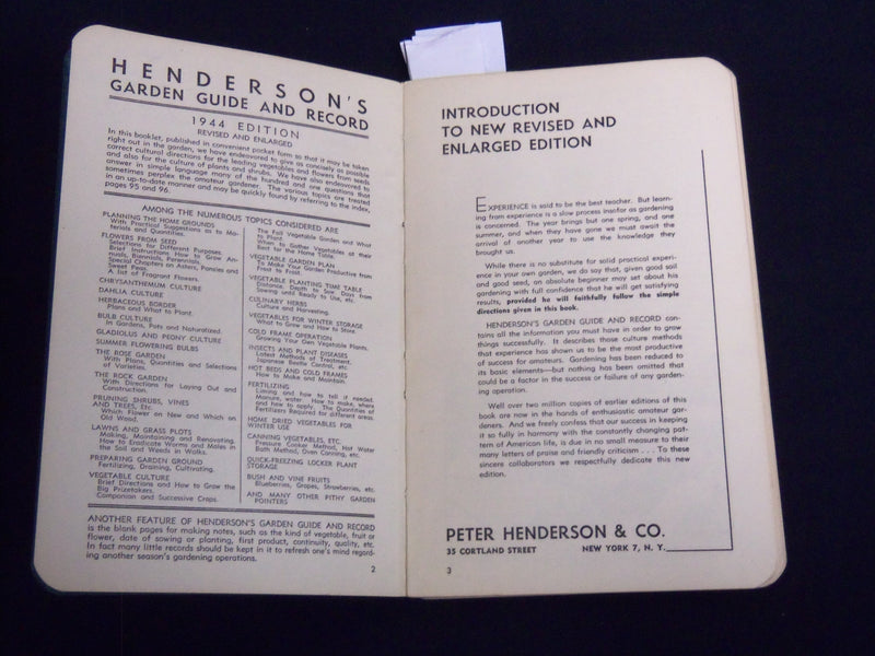 1944 HENDERSON'S GARDEN GUIDE AND RECORD - NEW YORK - J 8963