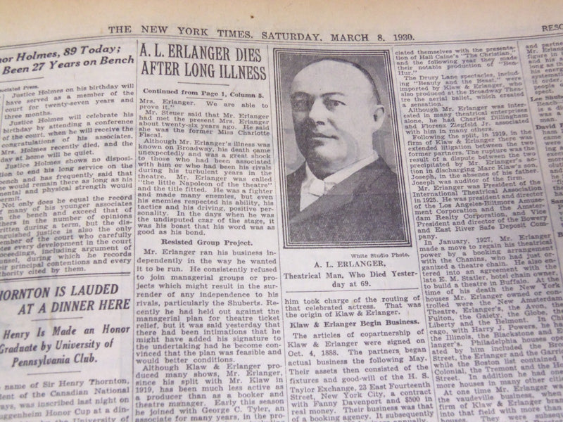1930 MARCH 8 NEW YORK TIMES - A. L. ERLANGER DIES AT 69 - NT 3904
