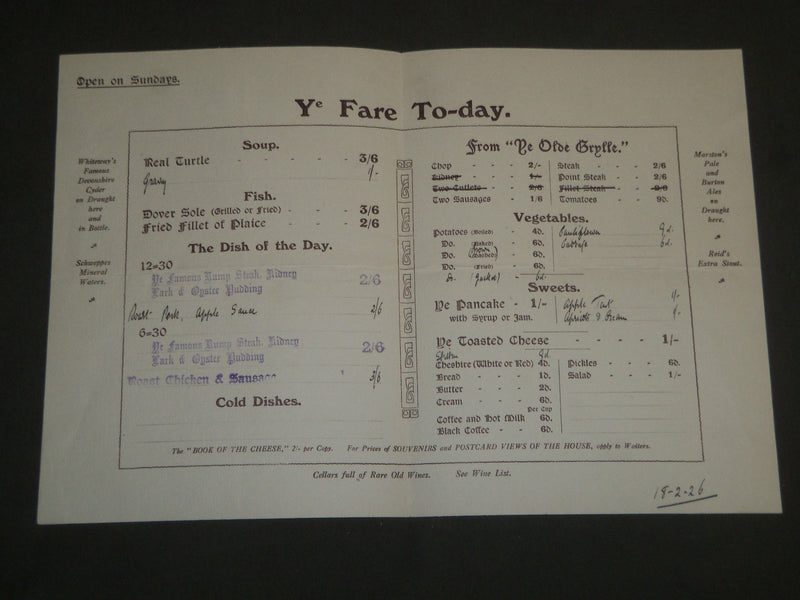 1926 YE OLDE CHESHYRE CHEESE MENU - WINE OFFICE COURT FLEET STREET - J 4818