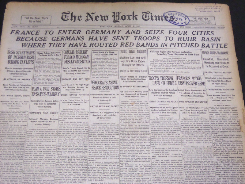 1920 APRIL 5 NEW YORK TIMES - FRANCE TO ENTER GERMANY - NT 5096