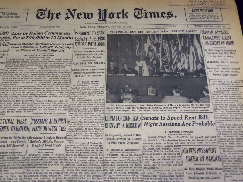 1949 MARCH 22 NEW YORK TIMES - TRUMAN ATTACKS LAND LORDS LOBBY - NT 2673