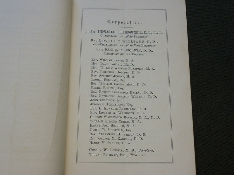 1859 CALENDAR OF TRINITY COLLEGE - HARTFORD, CONNECTICUT BOOK - J 6182