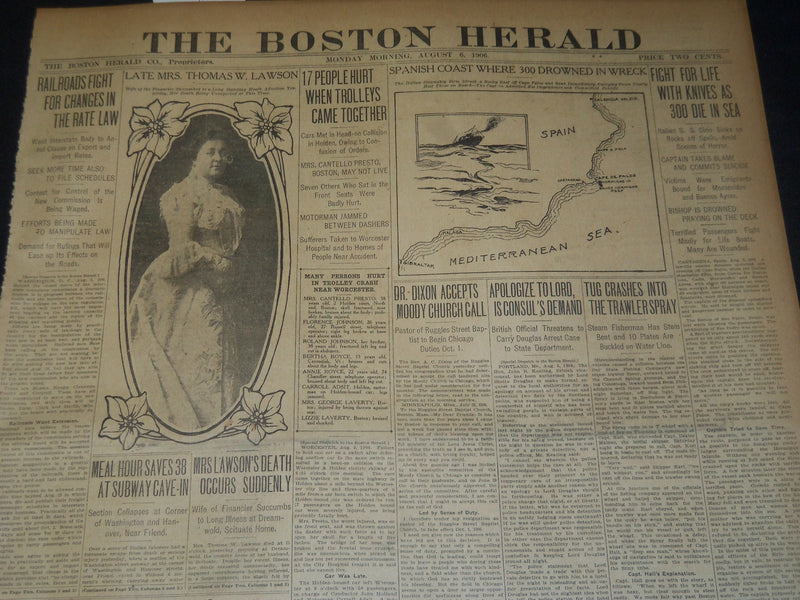 1906 AUGUST 6 THE BOSTON HERALD - S. S. SIRIO SINKS 300 DIE IN SEA - BH 113