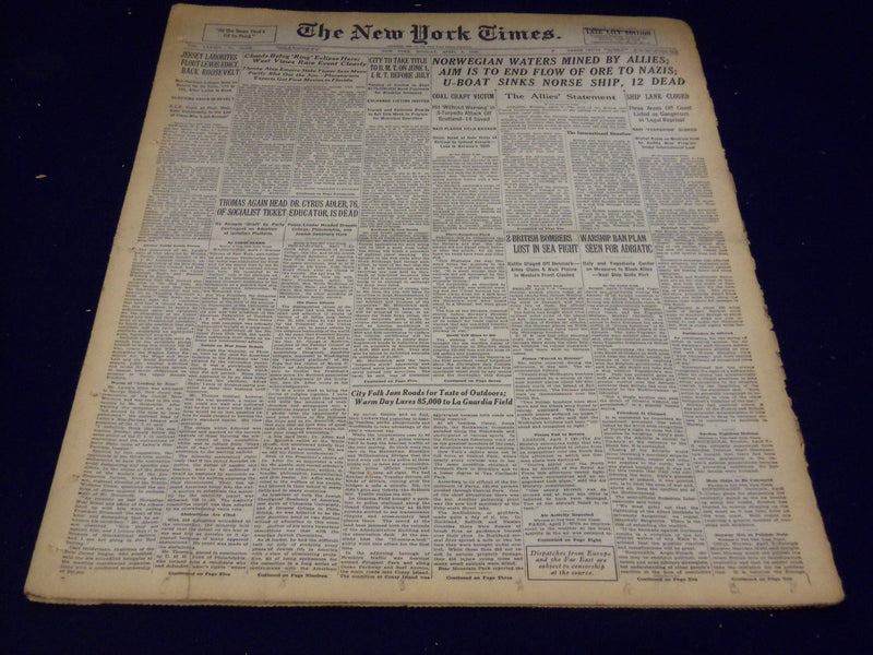 1940 APRIL 8 NEW YORK TIMES - NORWEGIAN WATERS MINED - NT 2897
