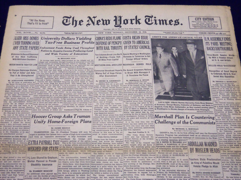 1948 DEC 13 NEW YORK TIMES - ALGER HISS DENIES TURNING OVER STATE PAPERS- NT 136