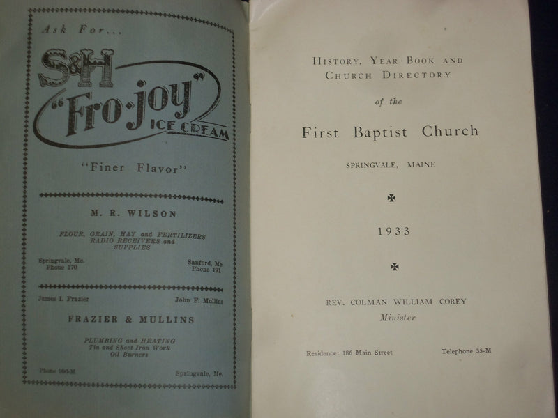 1933 HISTORY, YEAR BOOK & DIRECTORY FIRST BAPTIST CHURCH -SPRINGVALE, ME- J 4452