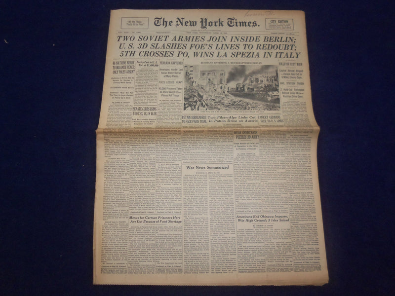1945 APRIL 25 NEW YORK TIMES - TWO SOVIET ARMIES JOIN INSIDE BERLIN - NP 6702