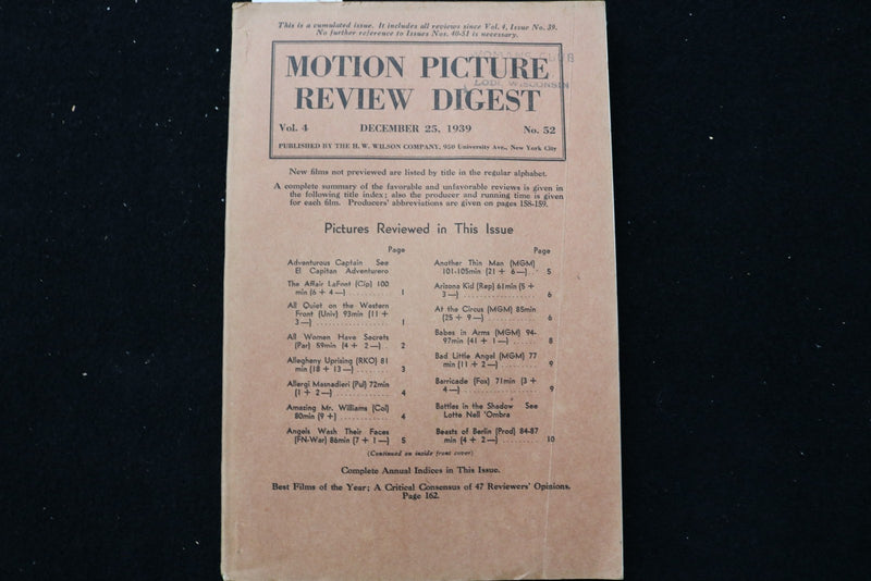 1939 DECEMBER 25 MOTION PICTURE REVIEW DIGEST SOFTCOVER BOOK - K 2916