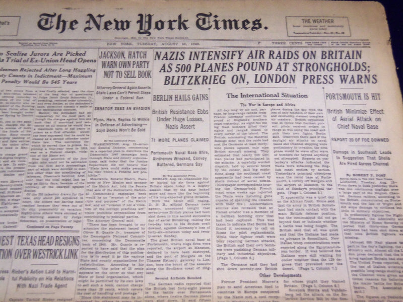 1940 AUGUST 13 NEW YORK TIMES - BLITZKRIEG ON LONDON PRESS WARNS - NT 2503