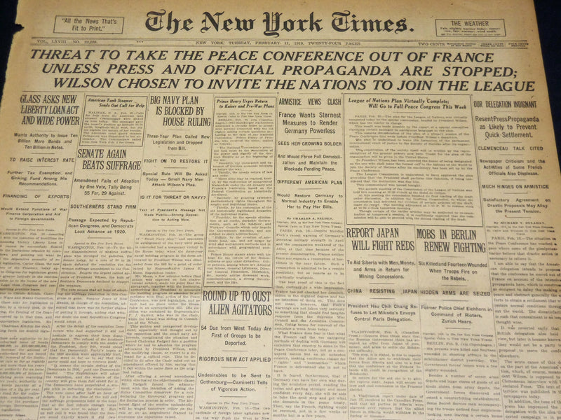 1919 FEBRUARY 11 NEW YORK TIMES - THREAT TO PEACE CONFERENCE - NT 7964