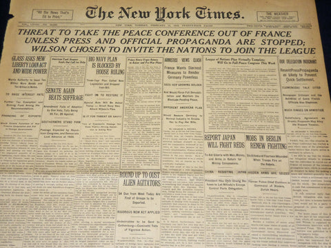 1919 FEBRUARY 11 NEW YORK TIMES - THREAT TO PEACE CONFERENCE - NT 7964